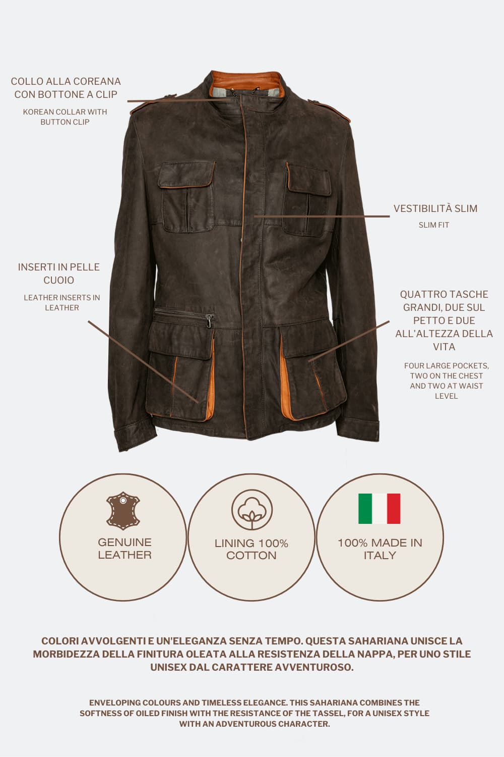 Francesco Oleato Sahariana Testa di Moro giacca uomo 100% vera pelle Made in Italy - Barone Firenze