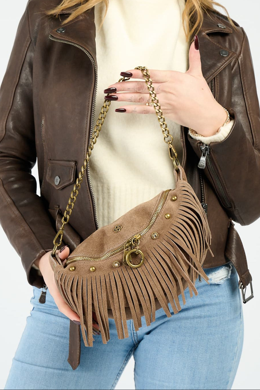 Bea Camoscio Borchie borsa donna 100% vera pelle Made in Italy - Barone Firenze