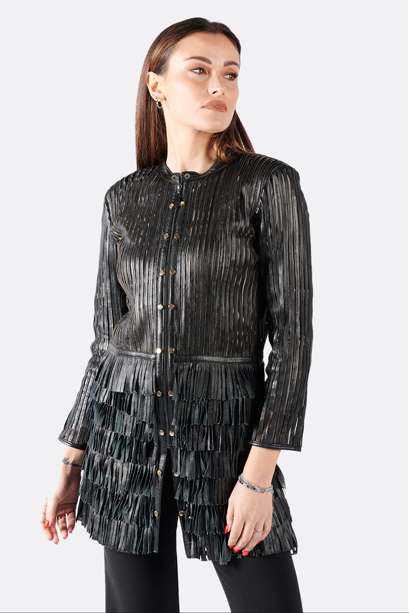 Giacca Frange Borchie e Zip donna 100% vera pelle Made in Italy- Barone Firenze