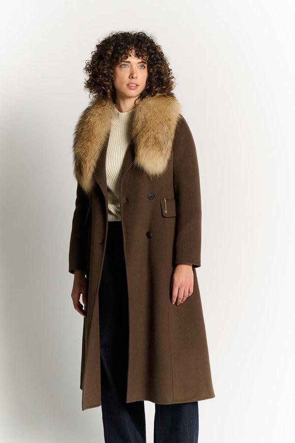 Chocolate Coat with Fur Collar woman Barone firenze