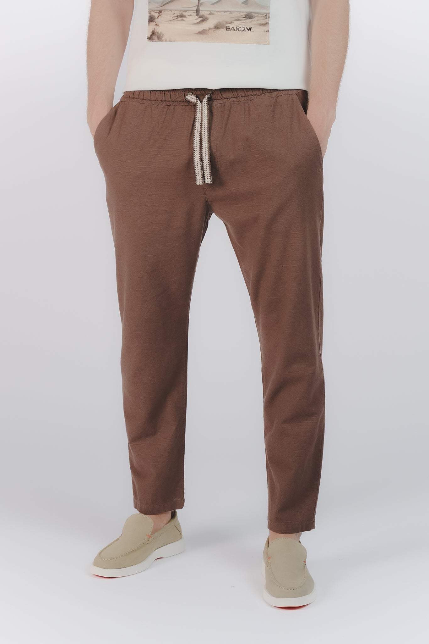 Pantaloni Lino con Elastico Cioccolato man Barone firenze - 2