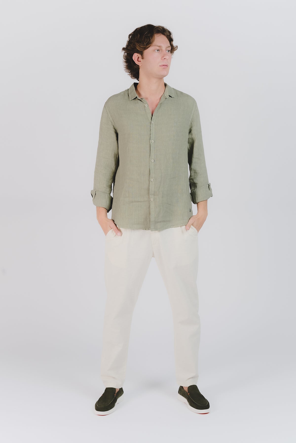 Camicia Uomo Lino Verde Militare man Barone firenze - 2