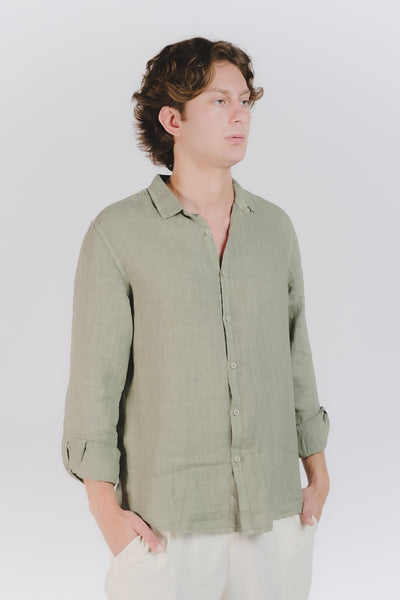 Camicia Uomo Lino Verde Militare
