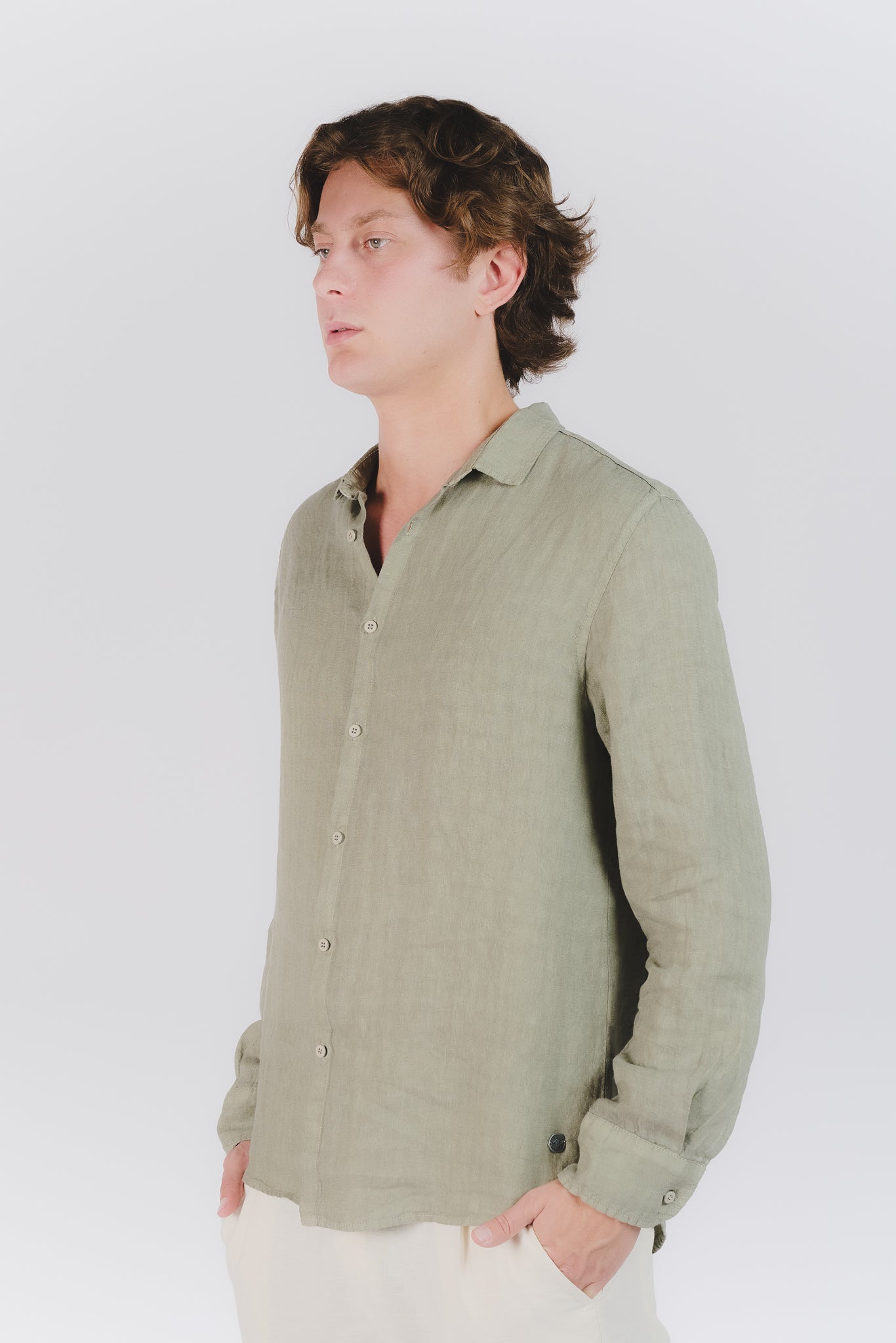 Camicia Uomo Lino Verde Militare man Barone firenze - 1