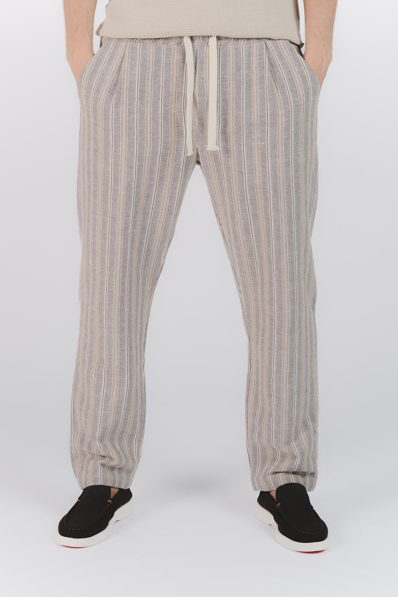 Pantaloni Misto Cotone e Lino a Righe Beige man Barone firenze - 1