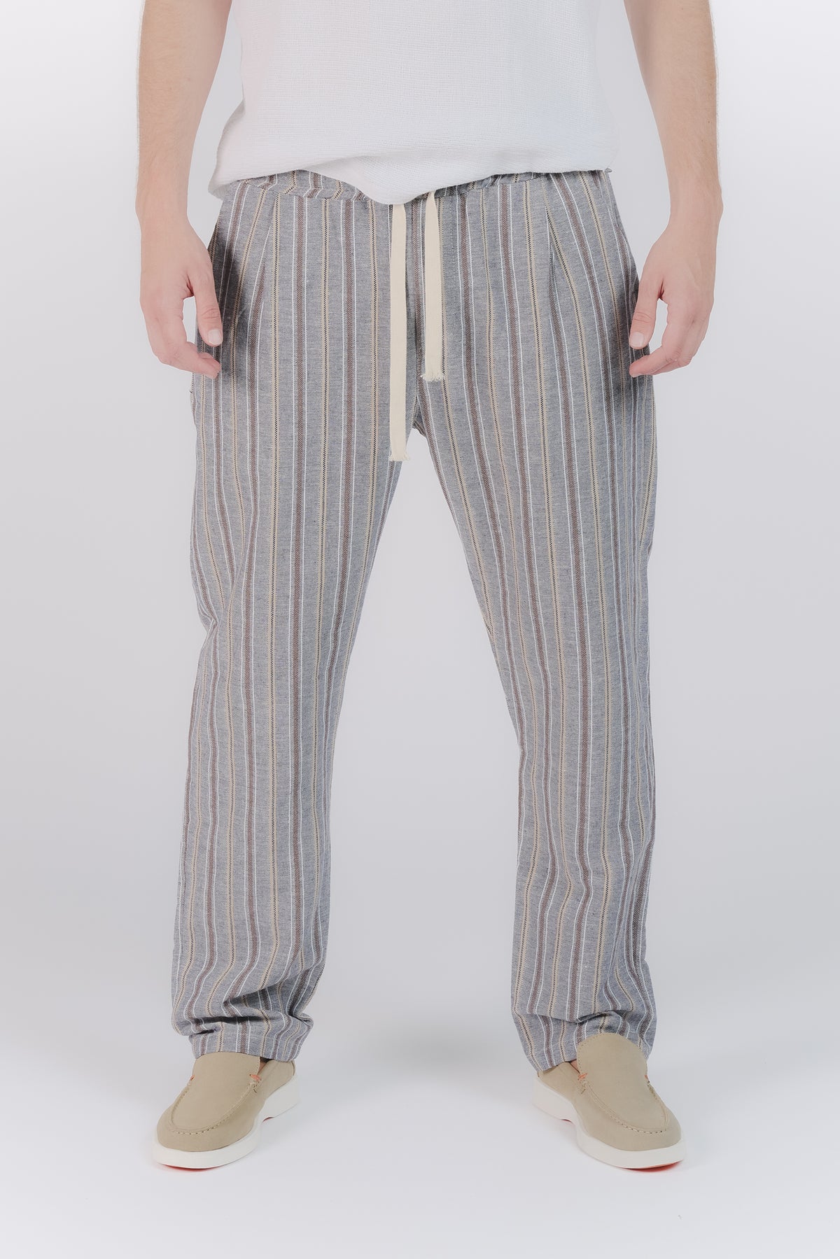 Pantaloni Misto Cotone e Lino a Righe Blu man Barone firenze - 1