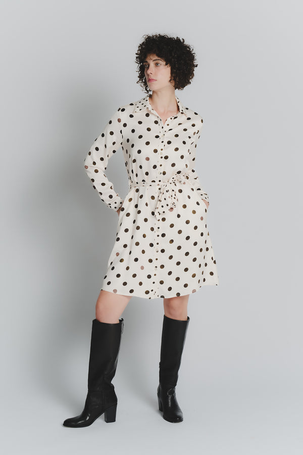 Abito Chemisier Corto a Pois Avorio Testa di Moro Donna woman Barone firenze