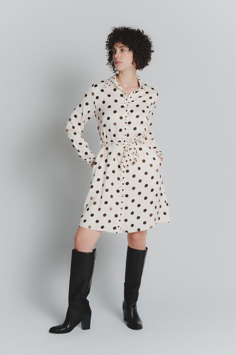 Abito Chemisier Corto a Pois Avorio Testa di Moro Donna woman Barone firenze - 2