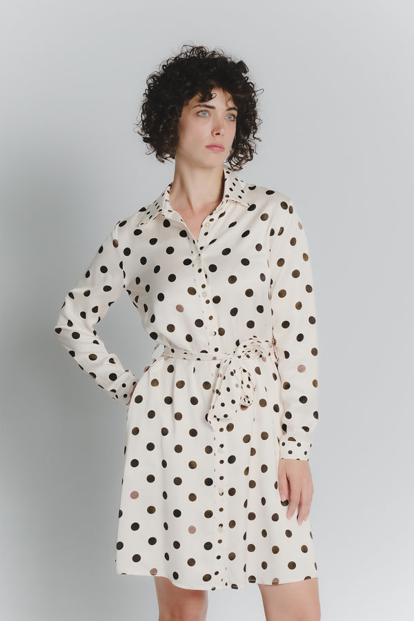 Abito Chemisier Corto a Pois Avorio Testa di Moro Donna woman Barone firenze