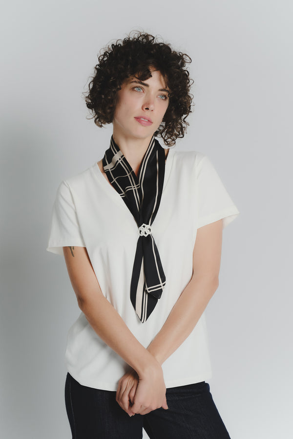 T-shirt Bianca con Foulard Nero e Beige Check woman Barone firenze