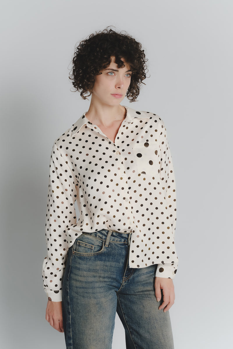 Camicia a Pois Avorio Testa di Moro Donna woman Barone firenze - 1