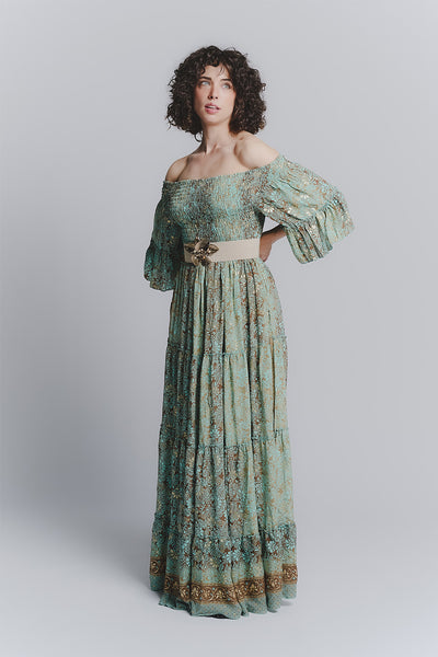 Long Gipsy Dress Turquoise Boat Neck