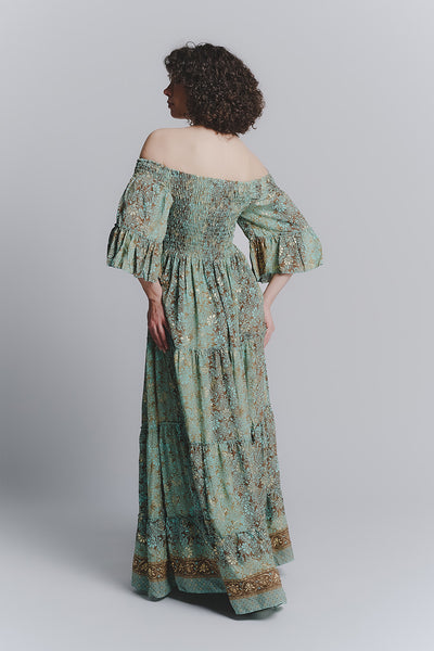Long Gipsy Dress Turquoise Boat Neck