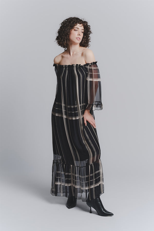 Black Silk Long Dress with Boat Neck woman Barone firenze