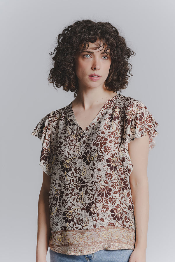 Mochaccino Ruffle Sleeve Blouse woman Barone firenze
