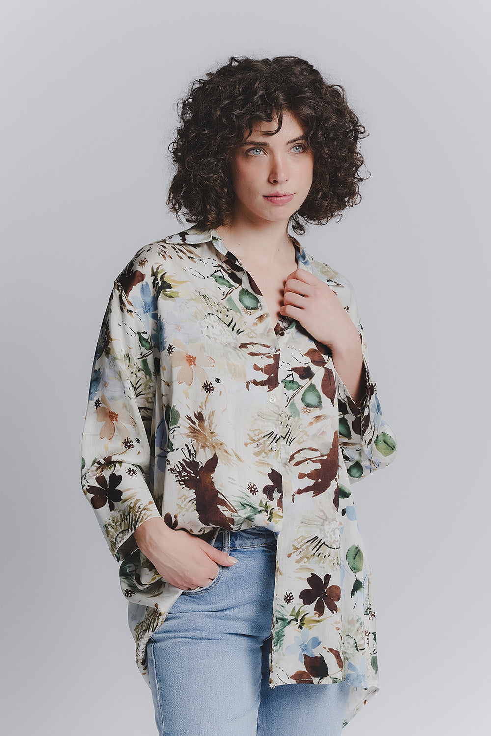 Blusa Bottoncini Fiori Celeste woman Barone firenze - 1