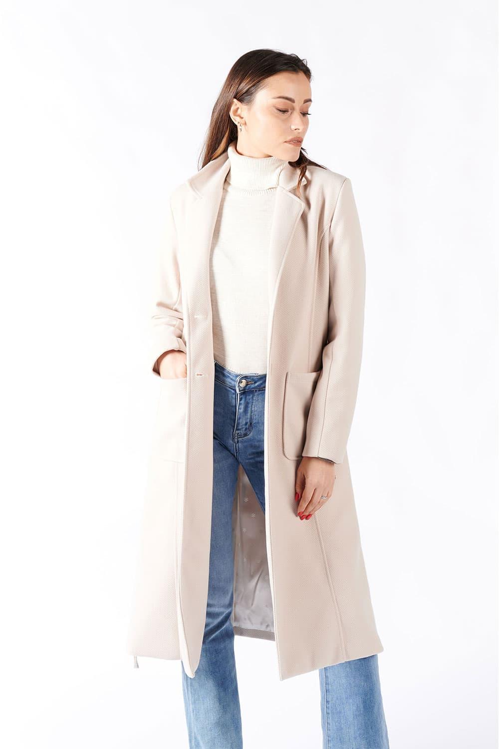 Cream Long Coat With Belt woman Barone firenze - 3