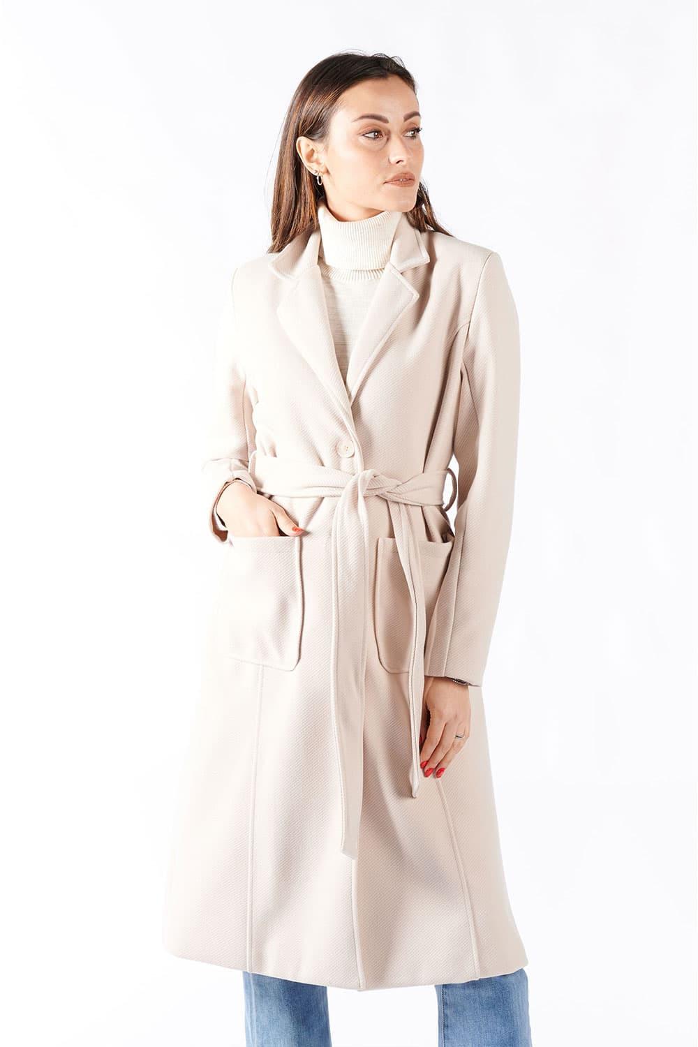 Cream Long Coat With Belt woman Barone firenze - 4