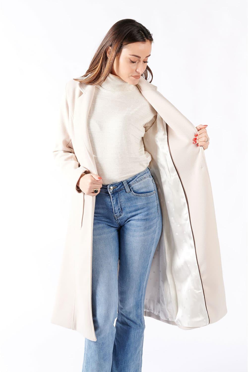 Cream Long Coat With Belt woman Barone firenze - 5