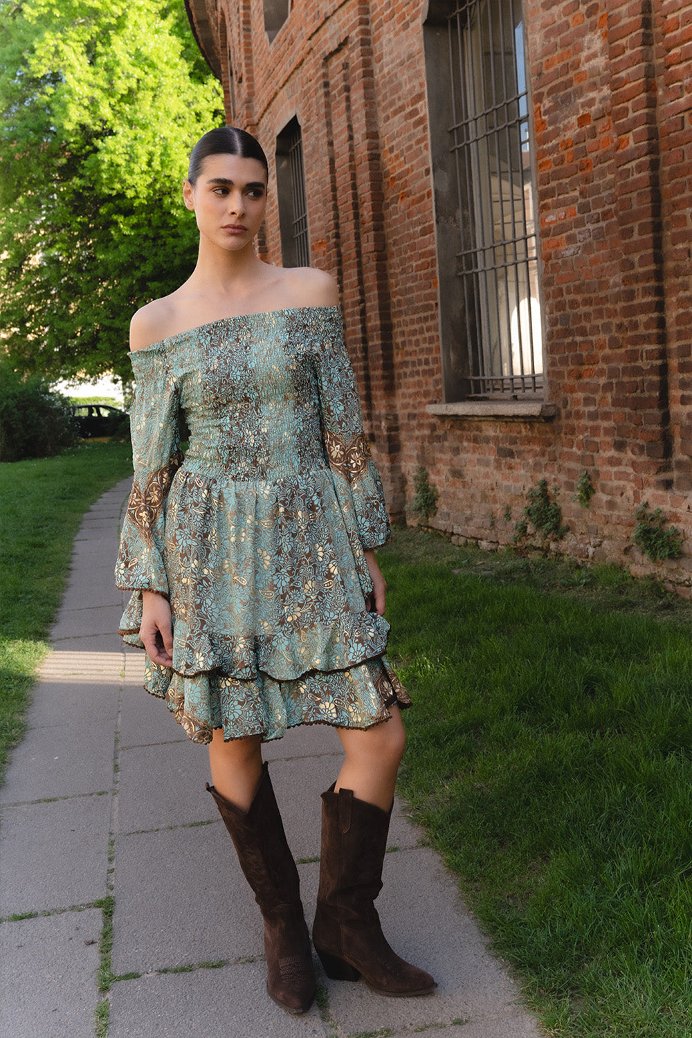 Short Gipsy Dress Turquoise Boat Neck woman Barone firenze - 2