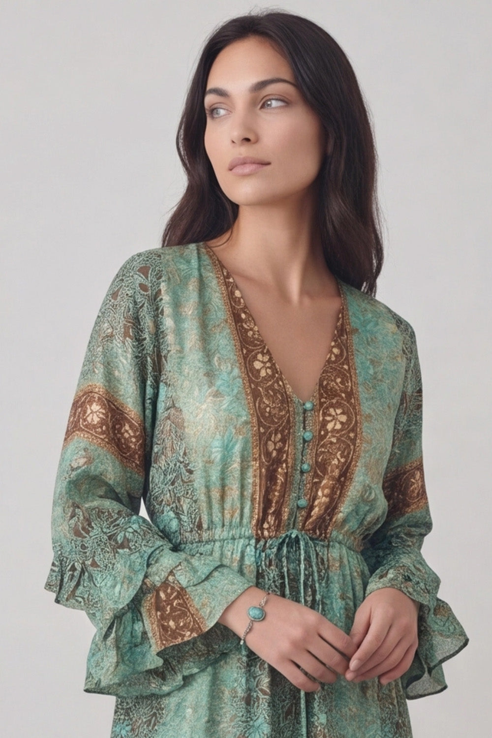 Turquoise Gipsy Long Dress with Buttons woman Barone firenze - 2