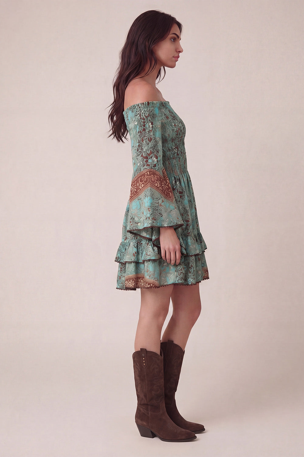 Short Gipsy Dress Turquoise Boat Neck woman Barone firenze - 6