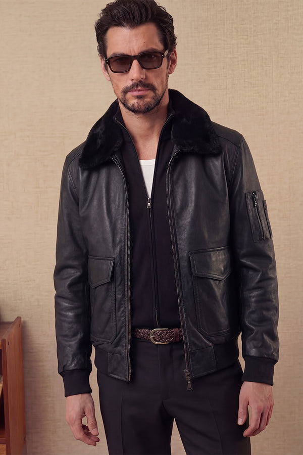 Aviator Black Leather Jacket man Barone firenze