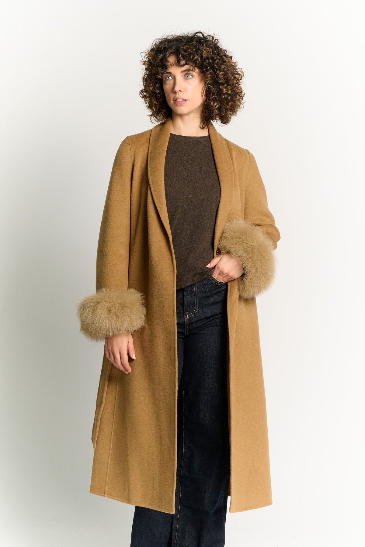 Cappotto Lungo Con Cintura e Manicotti Cammello woman Barone firenze - 2