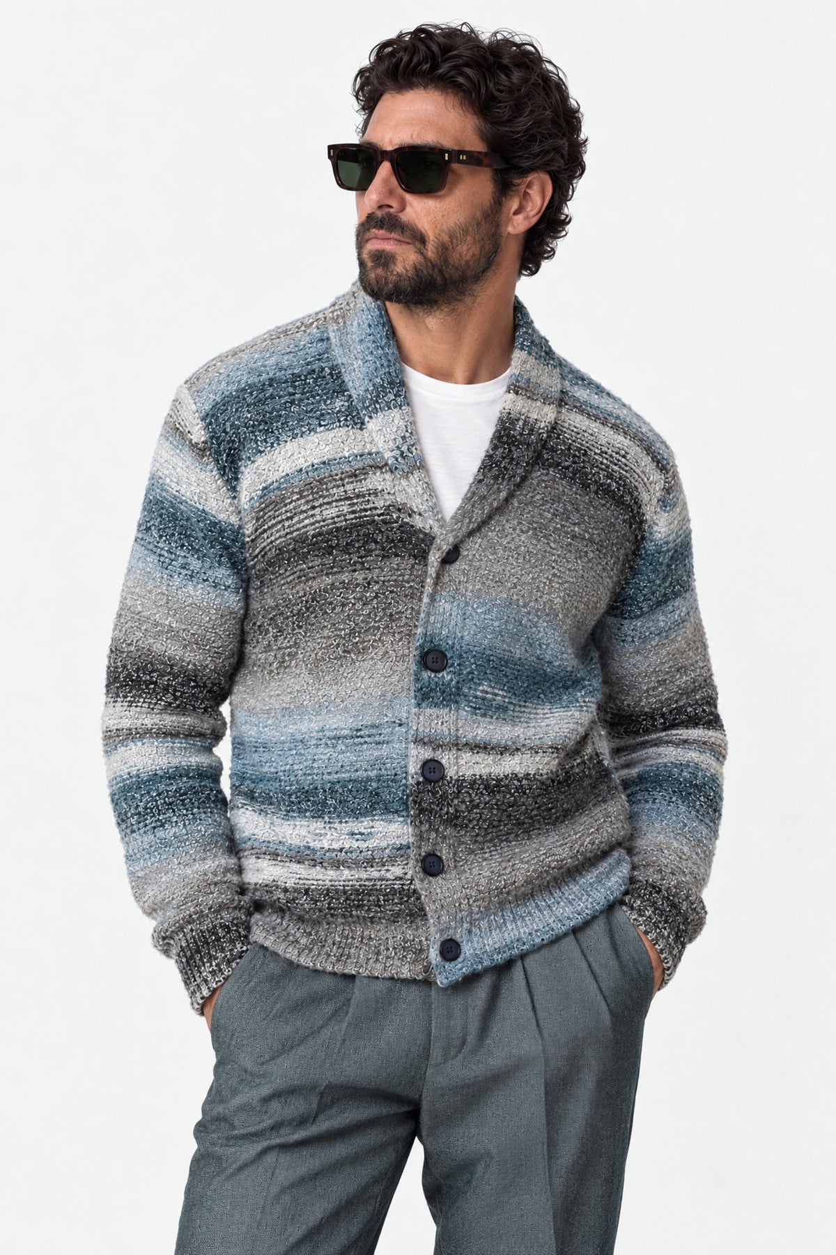 Cardigan Mélange Grigio Denim da Uomo man Barone firenze - 1