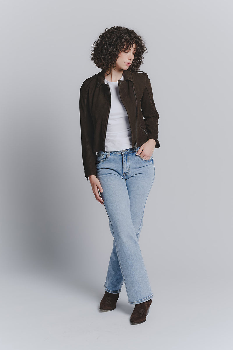 Women's Suede Biker Jacket Dark Brown woman Barone firenze - 2