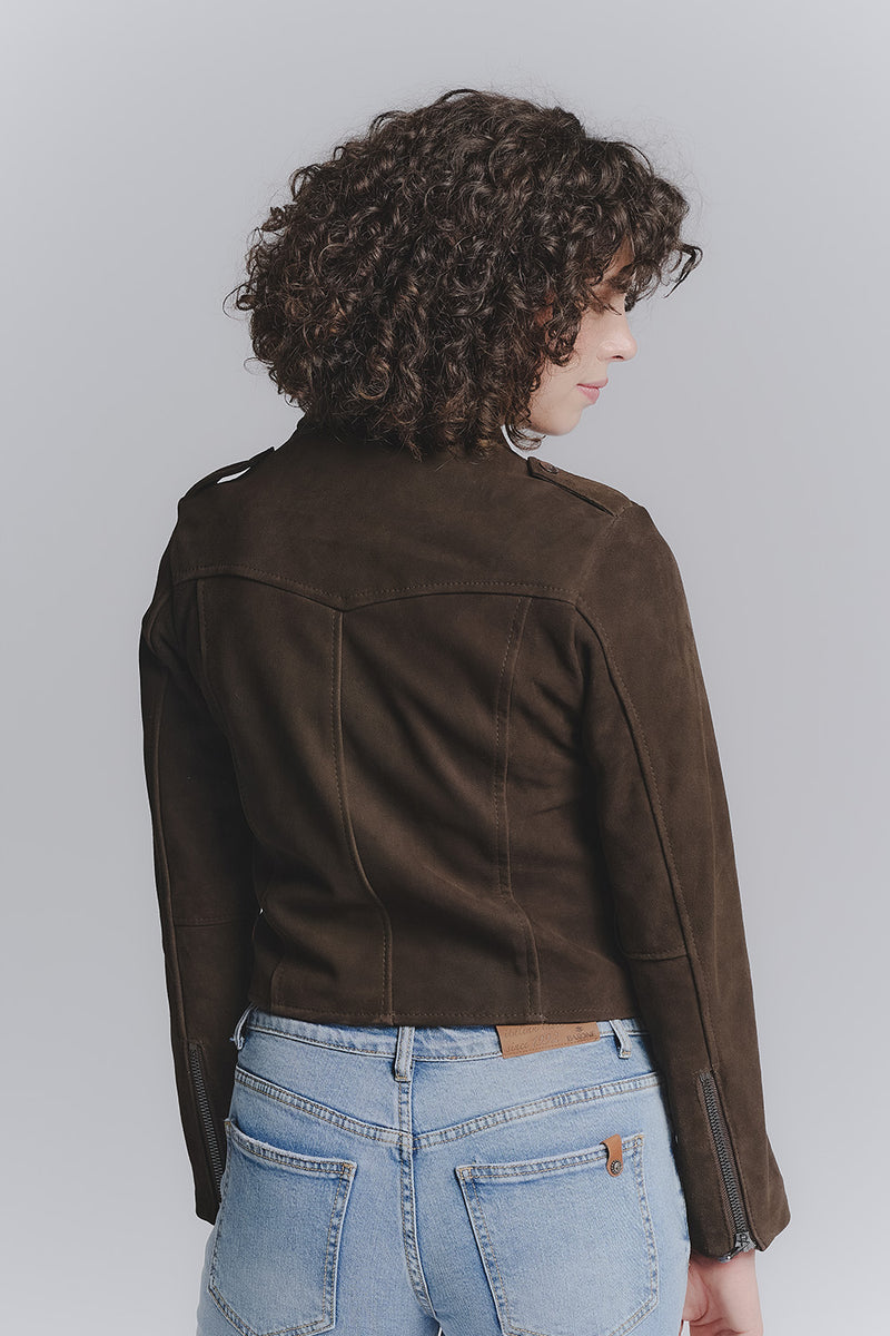 Women's Suede Biker Jacket Dark Brown woman Barone firenze - 3