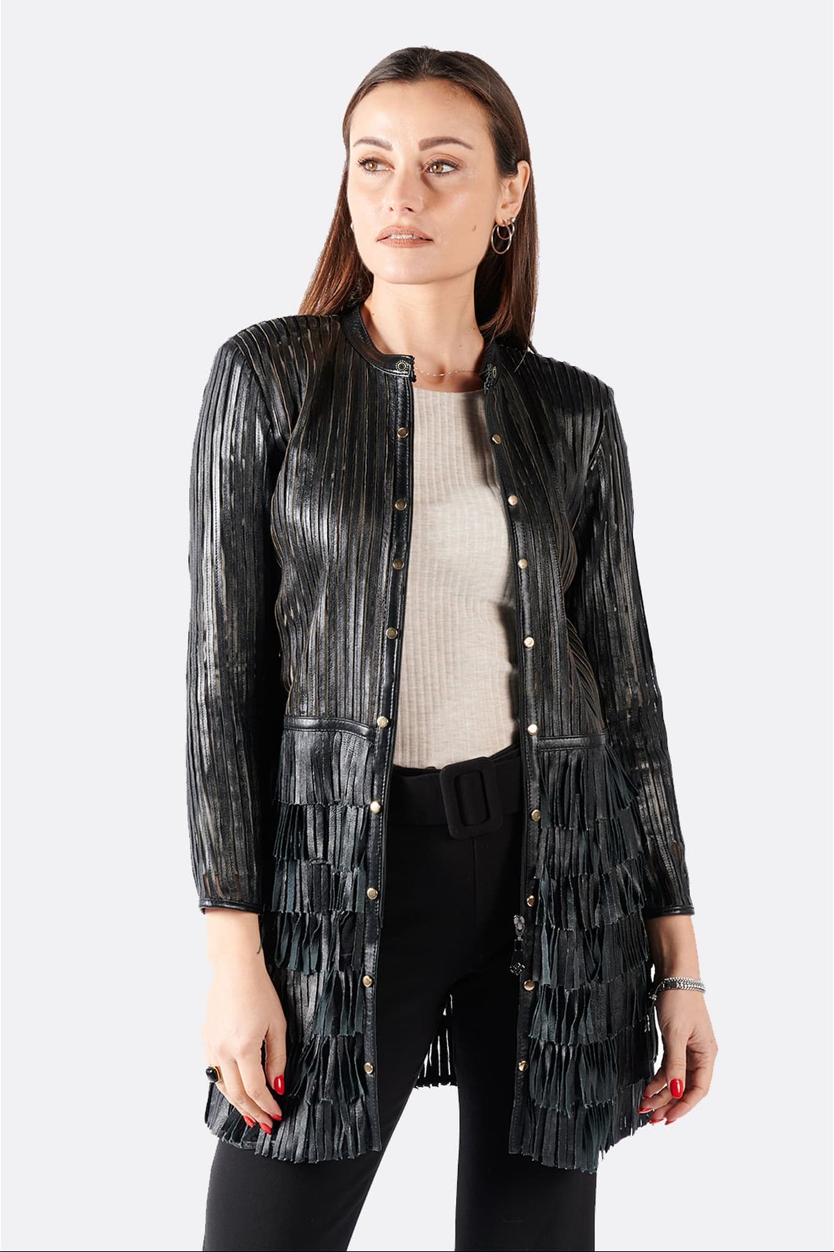 Fringed Jacket with Studs and Zip woman Barone firenze - 4