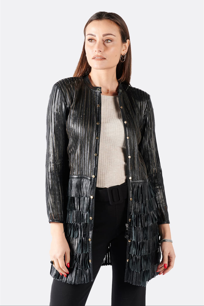 Fringed Jacket with Studs and Zip woman Barone firenze - 4