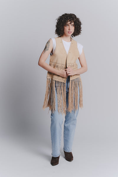 Embroidered Leather Vest Tan