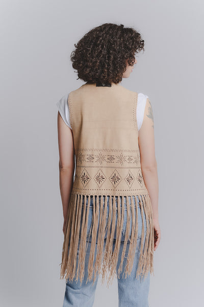 Embroidered Leather Vest Tan