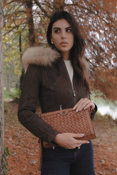 Sofia Oleato avec Capuche Fourrure Marron foncé